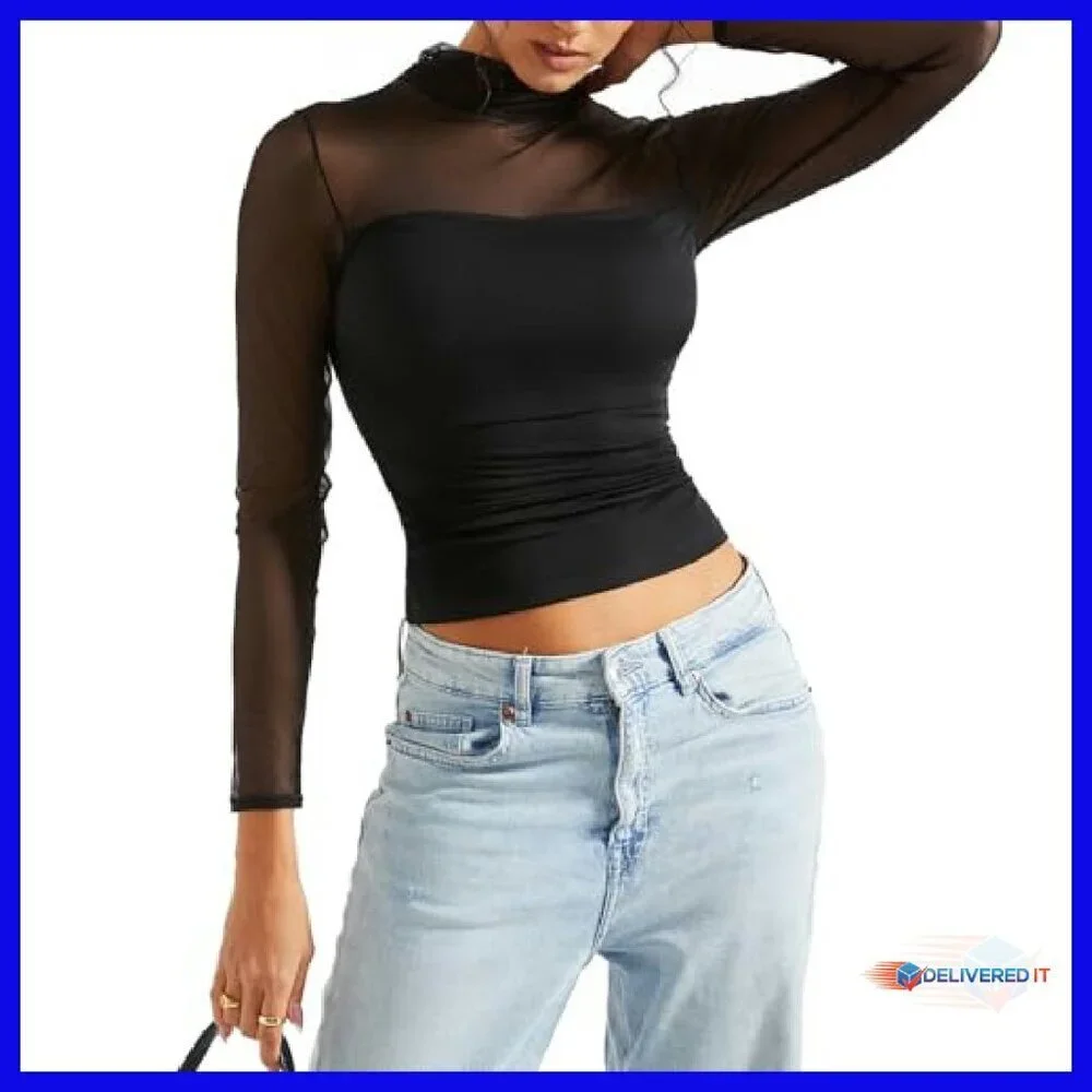 Sheer Mesh Mock Neck Long Sleeve Crop Tank Top - Polyester Spandex - Picture 4 of 8